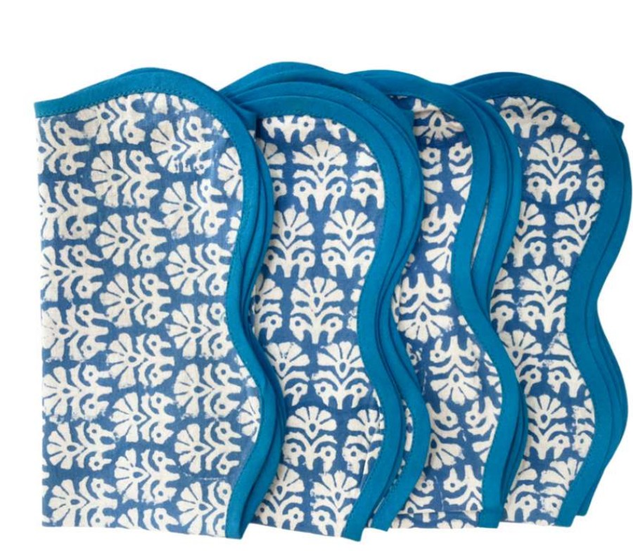 Tableware * | Well Made Home Blue Marigold Block Print Napkins (Set Of 4)