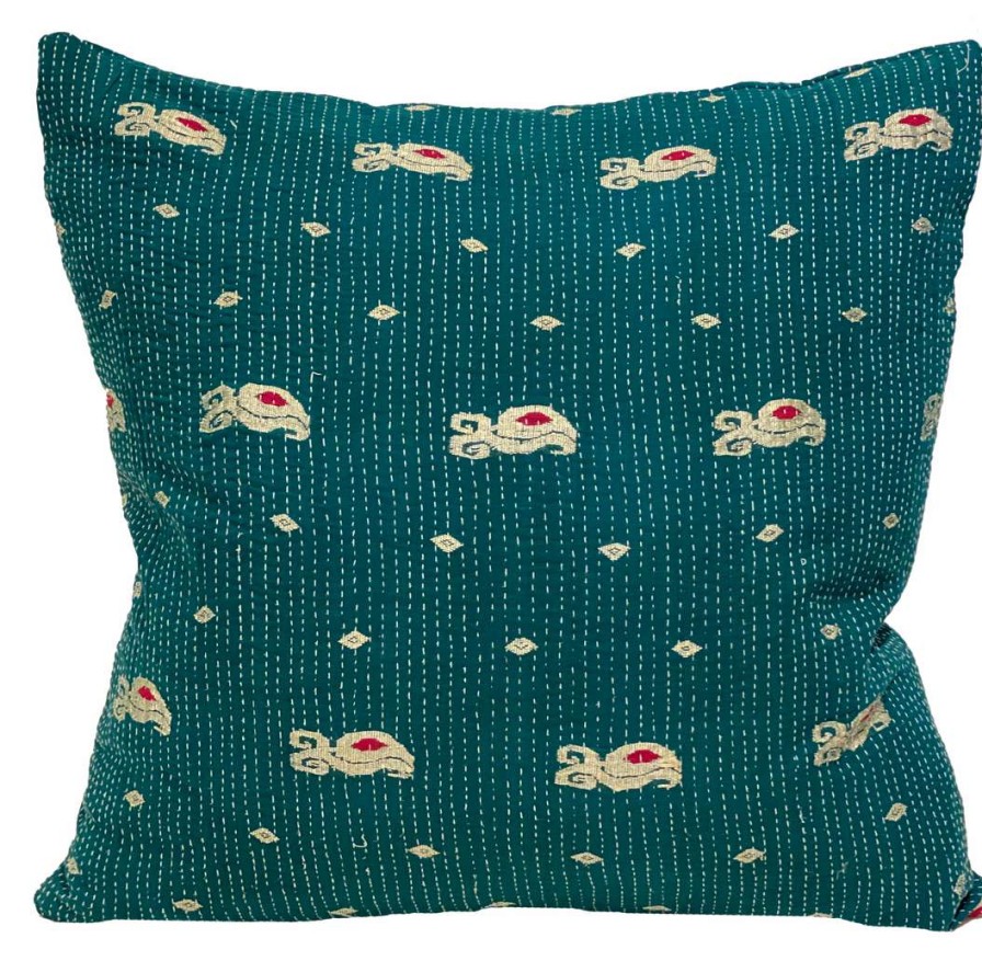 Pillows * | Well Made Home Indoor Vintage Embroidered Peacock Kantha Pillow I Green