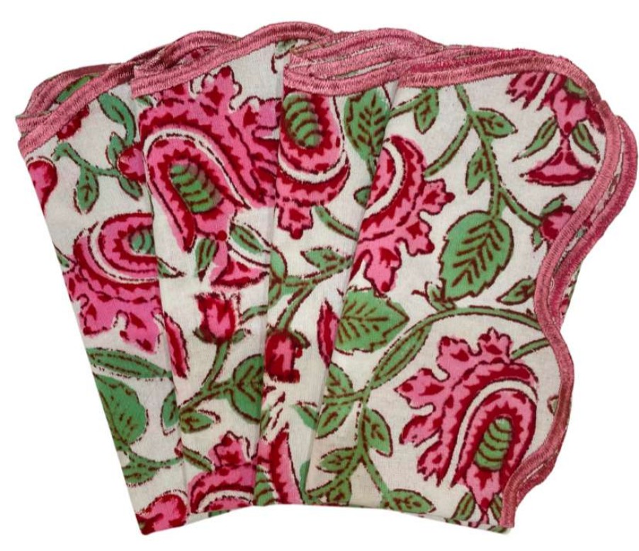 Tableware * | Well Made Home Pink And Green Floral Block Print Napkins With Embroidered Edge (Set Of 4) Tableware