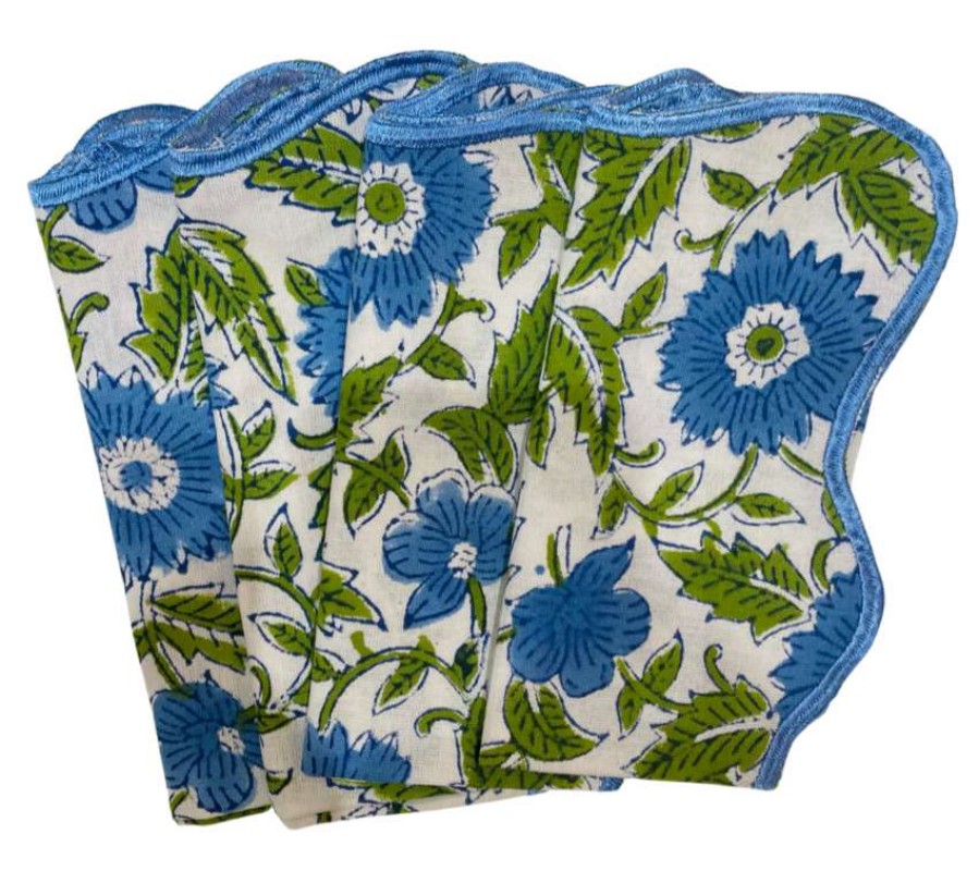 Tableware * | Well Made Home Blue And Green Flower Block Print Napkins With Embroidered Edge (Set Of 4)