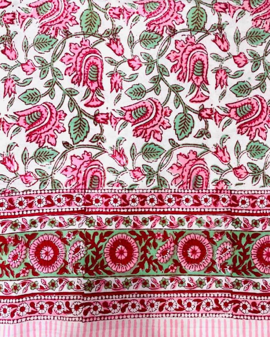 Tableware * | Well Made Home Tableware Pink And Green Floral Block Print Round Tablecloth