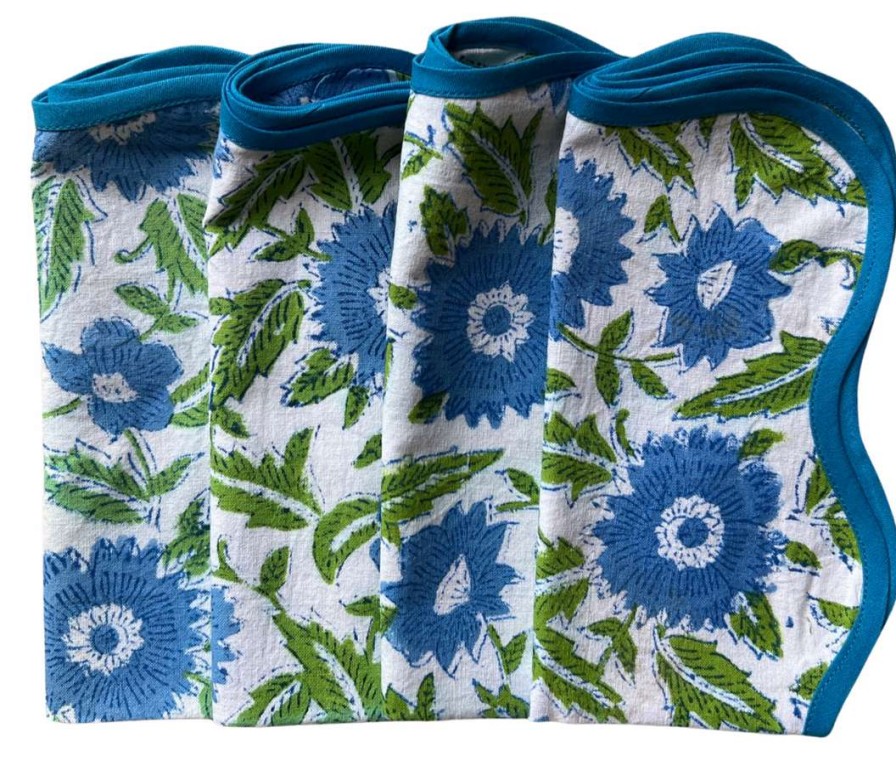 Tableware * | Well Made Home Tableware Blue And Green Flower Block Print Napkins (Set Of 4)